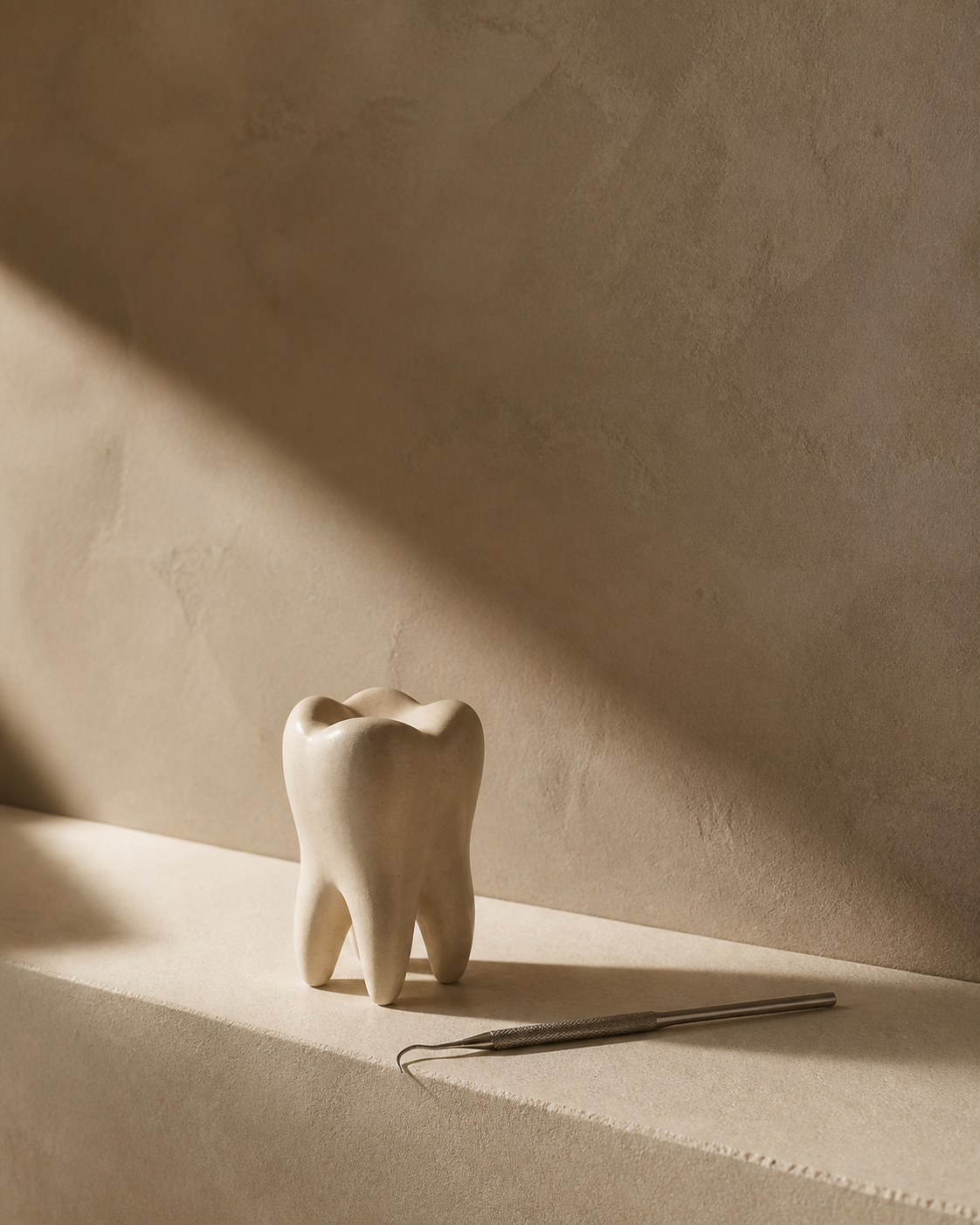 Keramische Zahnform und Dentalinstrument in warmen Naturtönen
